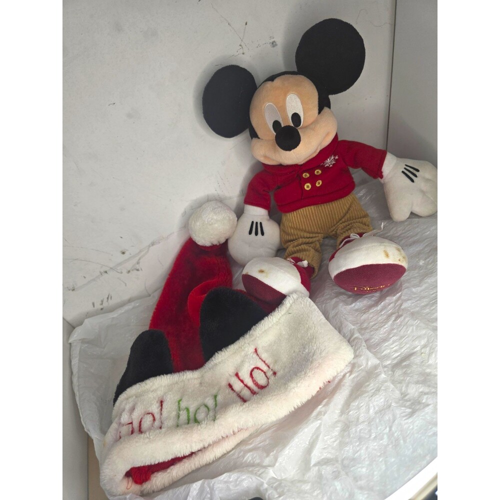 Disney Christmas Lot 2016 Holiday Mickey Plush 15" & Mickey Ears Santa Hat